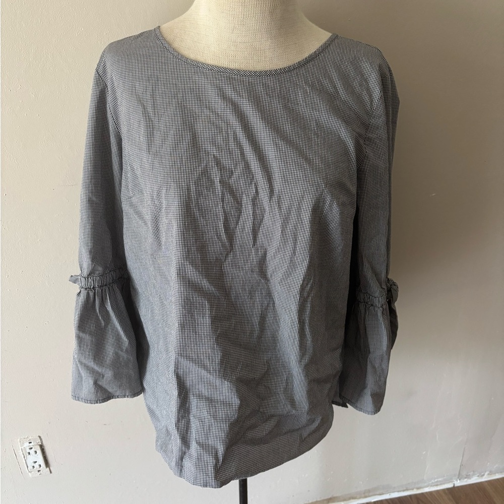 J. Crew Black and White Blouse with Ruffle Sleeves